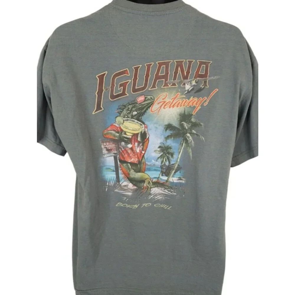 Iguana Getaway T Shirt Mens Size Large Green Tropical Travel Born To Chill